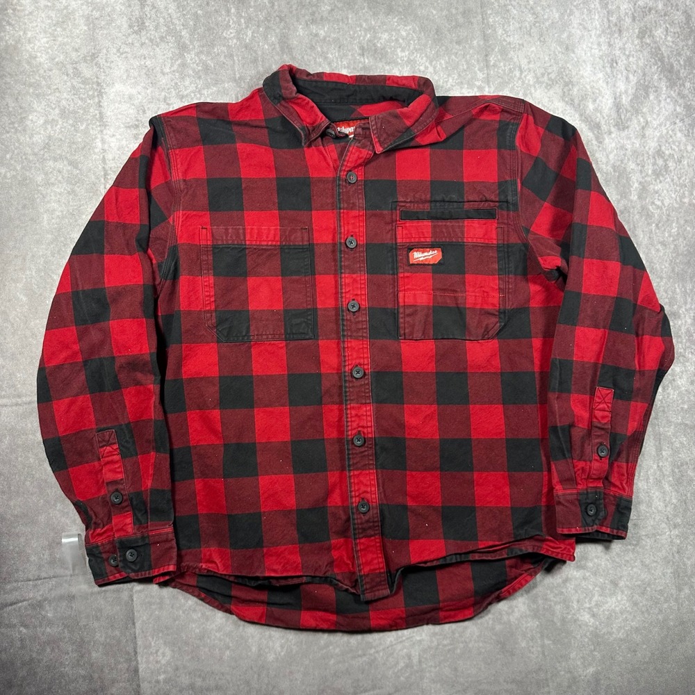Milwaukee Gridiron Mens Large Red Black Buffalo Plaid Flannel Work Shirt Utility